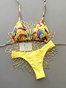 Sultry Sol 2pcs Printed Casual Cute Elegant Sexy Bohemian Tie-Up Bikini Beach Resort Swimsuit Set For Women, Spring/Summer - Multicolor - View 3