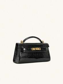 1 件时尚百搭纯色 PU 皮革手提包，女士新款鳄鱼纹压花高端托特单肩斜挎包 - 黑色 - 查看 2