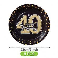 40th Birthday Gold Polka Dot Disposable Plates, Napkins, Cups - One Time Use Party Supplies Set, Serves 8 Guests, Suitable For Birthday, Wedding, Theme Party, Family Picnic - Multicolor - View 10
