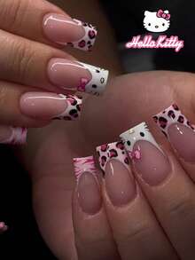 Sanrio Hello Kitty 24片中號正方形可愛3D豹紋與粉色法式穿戴甲，Hello Kitty與蝴蝶結設計，適用於壓克力假指甲套組，含1片果凍膠與1片指甲锉，適合女孩日常與派對美甲 - 彩色 - 查看 8