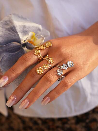 Frminee 3 pezzi/1 pezzo Anello da donna in acciaio inossidabile dorato con motivo floreale vintage ed elegante, anello aperto, gioiello anello di stile cool e alla moda per ragazze, adatto per uso quotidiano, feste o come regalo per amici.