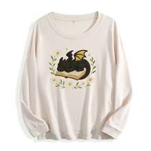 Women'S Black Fantasy Dragon On Book Graphic Sweatshirt - Cozy Pullover With Floral & Starry Night Design, Soft Round Neck Long Sleeve Casual Sweater For Book Lovers & Dragon Enthusiasts, Spring/Fall Literary Inspired Apparel, Fall Sweatshirt For Women, Fall Clothe For Women, Women' Sweatshirt, Sweater For Women, Women Fall Clothe - 杏色 - 查看 1