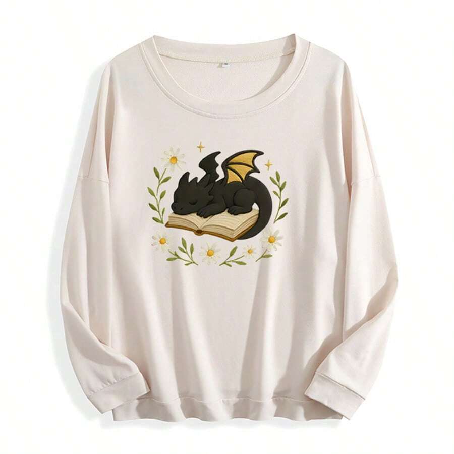 Women'S Black Fantasy Dragon On Book Graphic Sweatshirt - Cozy Pullover With Floral & Starry Night Design, Soft Round Neck Long Sleeve Casual Sweater For Book Lovers & Dragon Enthusiasts, Spring/Fall Literary Inspired Apparel, Fall Sweatshirt For Women, Fall Clothe For Women, Women' Sweatshirt, Sweater For Women, Women Fall Clothe - 杏色 - 查看 1