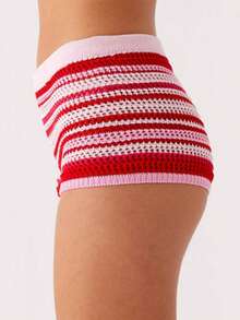 Women Y2K Vintage Low Rise Knit Shorts Striped Stretch Crochet Hollow-Out Mirco Shorts Summer Beach Mini Short - Đỏ - Xem 6