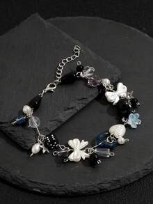 1pc Punk Style Dice, Star, Black Ball Charm Bracelet, Multi-Element Bow, Heart, Moon, Water Drop, Flower Handmade Beaded Bracelet For Women - Silver - View 4