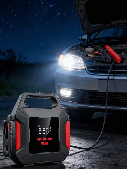 Car Battery Jump Starter With Air Compressor, Car Battery Charger, Car Emergency Starter (Supports Up To 2.64 Gallons Of Gasoline Or 2.25 Gallons Of ), With Emergency LED Light, Power Bank, Inflator