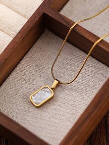 1pc Black & White Shell Reversible Pendant Titanium Steel Necklace, Minimalist Fashion Jewelry For Women, Snake Bone Chain Couples Necklace - Multicolor - View 2