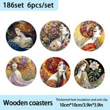 6pcs Retro Gold Foil Beauty Element Pattern Heat Insulation Wooden Coasters, Suitable For Home, Office And Party Drink Coasters, , Perfect Holiday Gift - Wooden Board-coaster - View 7