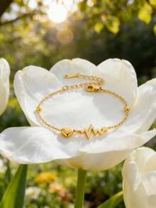 情侣饰品 时尚浪漫心跳手链，心形心跳手链，不易褪色，适合女性日常佩戴，是节日送给女友、朋友和情侣的完美礼物 - 金黃色 - 查看 6