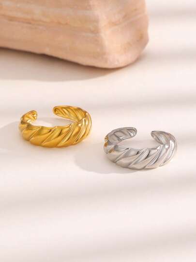 1pc Fashionable Minimalist Personalized Chic Stainless Steel Striped Geometric Open Ring, Suitable For Women's Daily, Party, And Date Wear