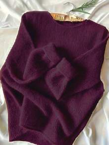 Solid Color Casual Pullover Sweater - Burgundy - View 2