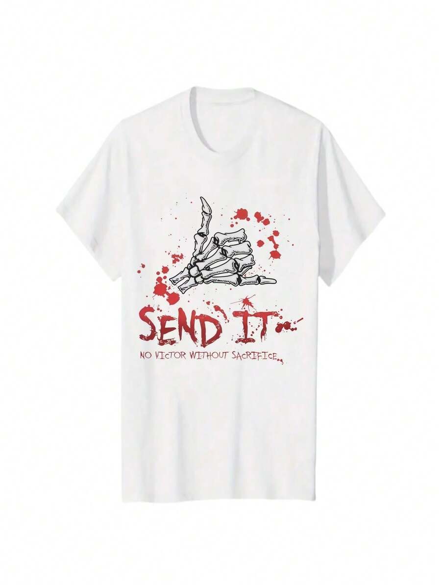 Streetwear Staple – Men's SeND IT No ViCToR WiTHouT SaCRiFiCe Tee With Hand Print - White - View 1