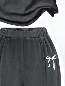 女童卡通印花圆领短袖上衣和裤子套装 - 深灰色 - 查看 6