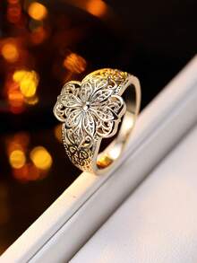 1pc Vintage Palace Style Hollow Floral Wire Flower Ring Jewelry Design, Suitable For Daily Wear And Gatherings - Ring - View 1