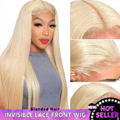 200% Density HD 13x4 Lace Frontal Straight Wig Virgin Brizilian Hair Wigs #613 Blonde Hair With Fiber Blended Wig For 13x4 Ear To Ear Lace Front Long Hair Pre Plucked Natural Hairline 8-14inch Bob 16- 34 Inch Long Wig Daily Use
