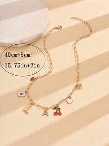 1pc Fashionable Zinc Alloy Gold Boots & Cherry Poker Alphabet 26 Pendant Necklace For Women - Multicolor - View 4