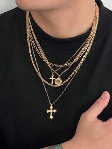 5件套哥特式十字架吊坠项链套装，男女通用朋克风情侣长项链，Y2K复古颈链，生日礼物 - 金色 - 查看 4