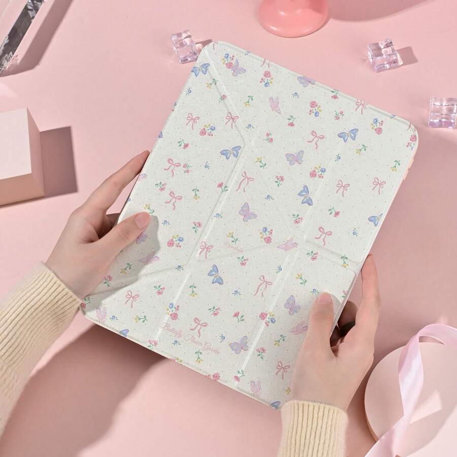 1pc Pastel Bow & Butterfly Ditsy Floral Tablet Case, Foldable Stand Protective Cover With Pen Slot,Multi-Angle Stand Protective Cover, Auto Sleep/Wake,Kawaii Tablet Case Compatible With IPad Pro/Air/Compatible With Samsung Galaxy A9/S9/S7/S10+ - Multicolor - View 1