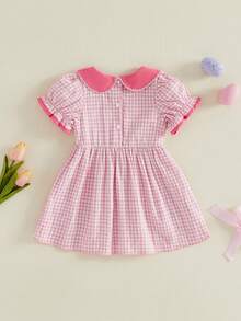 Vestido de Pascua para niñas pequeñas, informal, con conejo, huevos de Pascua bordados, cuello de muñeca, manga corta, a cuadros - Rosa - Ver 2