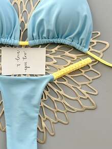 女士夏季沙滩撞色露背系带性感比基尼泳衣套装 - 淺藍色 - 查看 6