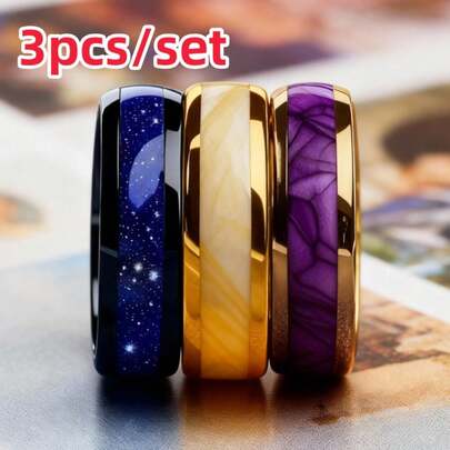 3pcs Set Fashionable Black & Blue Starry Sky 304 Stainless Steel Rings, Purple 4-In-1 Modern Wedding Bands, Men's Christmas Socks Small Gift, Cyber Monday , Valentine's Day Father's Day Fashion Accessories