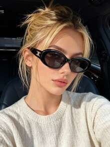 1pc Retro Oval Women's Fashion Glasses, Fashionable Cat Eye Design, High-End Street Style - Black Frame Gray Film - View 4