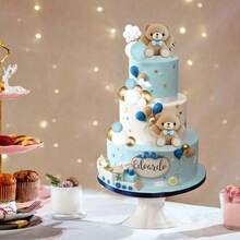 3D Bear & Bow Cake Decorations, Birthday Party Supplies (This Product Cannot Directly Contact Food, Needs To Be Isolated With A Transparent Base Before Contacting Food) - Blue - View 7