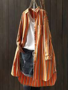 女士长款条纹衬衫，袖口带纽扣，适合外出、日常穿着、街头风格，四季皆宜，春季百搭 - 橘色 - 查看 1