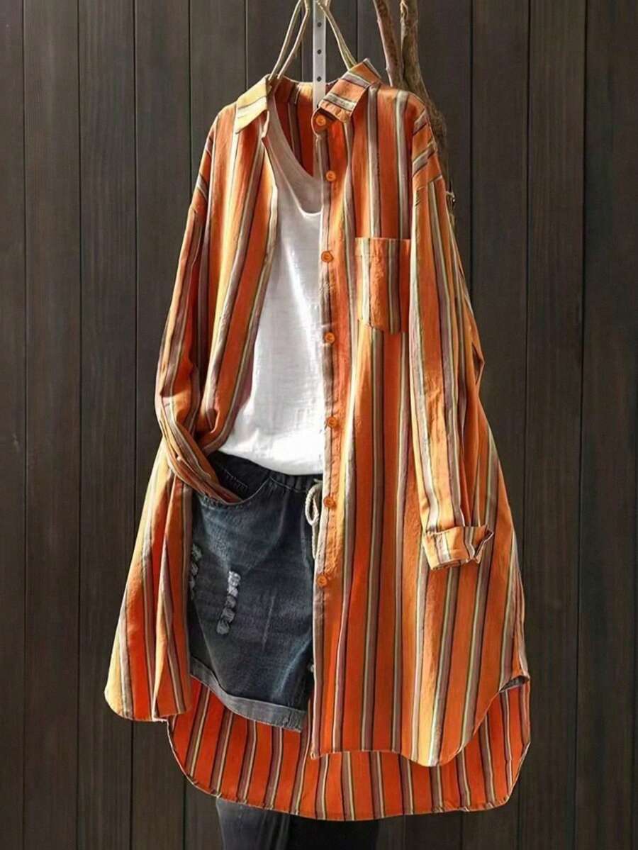 女士长款条纹衬衫，袖口带纽扣，适合外出、日常穿着、街头风格，四季皆宜，春季百搭 - 橘色 - 查看 1