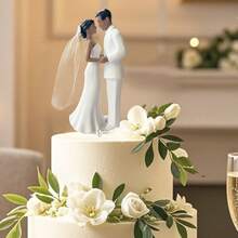 Tượng trang trí bánh cưới cô dâu chú rể thanh lịch bằng nhựa, có khăn voan trắng | Thích hợp cho tiệc đính hôn, tiệc mừng cô dâu và lễ kỷ niệm ngày cưới. - bộ đồ trắng - Xem 8