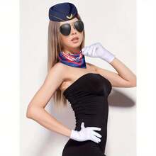 5pcs Women's Pilot Role Play Costume Set, Includes Hat, Scarf, Glasses, Gloves, Flight Attendant Makeup Party Outfit, Suitable For Role Play, Party And Dance Stewardess Costume - Multicolor - View 9