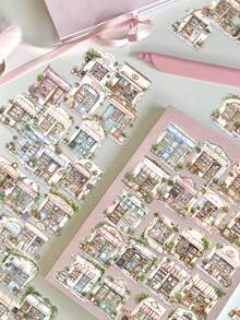 50 Stücke Aquarell Shop Cartoon-Stil PET Material transparente Aufkleber für Wasserflaschen, Notizbücher und Laptops, personalisierte dekorative Aufkleber für handgeschriebene Tagebücher - Verschiedenfarbig - Übersicht 4