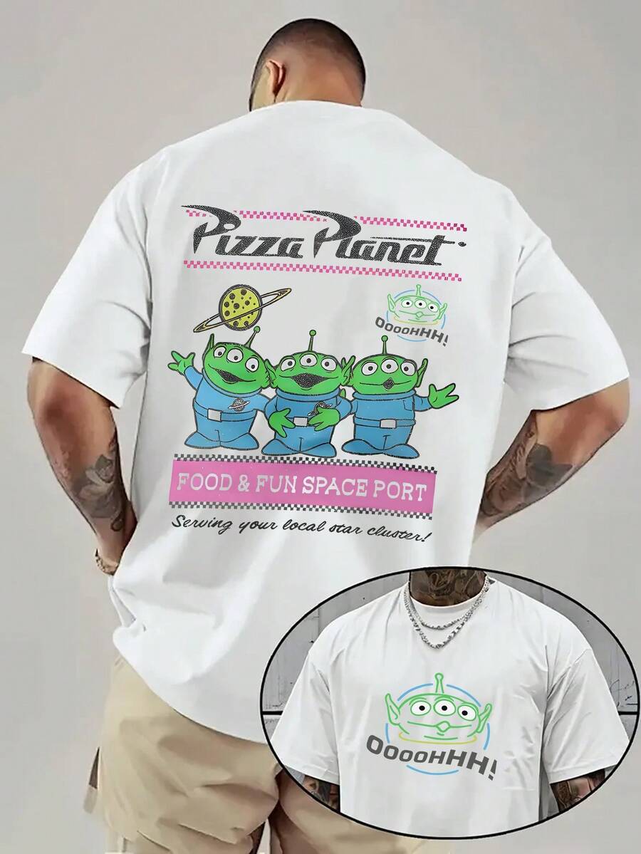 [Disney Official Genuine Authorization ]1pc, Men's T-Shirt Men's Black Casual Summer T-Shirt Full Of Dynamic And Energetic Toy Story Pattern, Green Cute Cartoon Pattern Design, Regular Version, Machine Washable, Suitable For Sports. - 白色 - 查看 1
