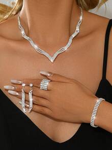 Set de 4 piezas de joyería de novia de moda, aretes con borlas de cristal brillante, collar elegante, pulsera y anillo, adecuado para boda, banquete, baile, fiesta - Juego de 4 piezas de joyería ZT5033 - Ver 3