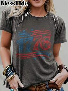 2026 Retro 1776 Star & Stripe Print Unisex Tee - 250th Anniversary Independence Day Patriotic Top, Soft Cotton Blend Vintage Design For Summer Festivals - 灰色 - 查看 1