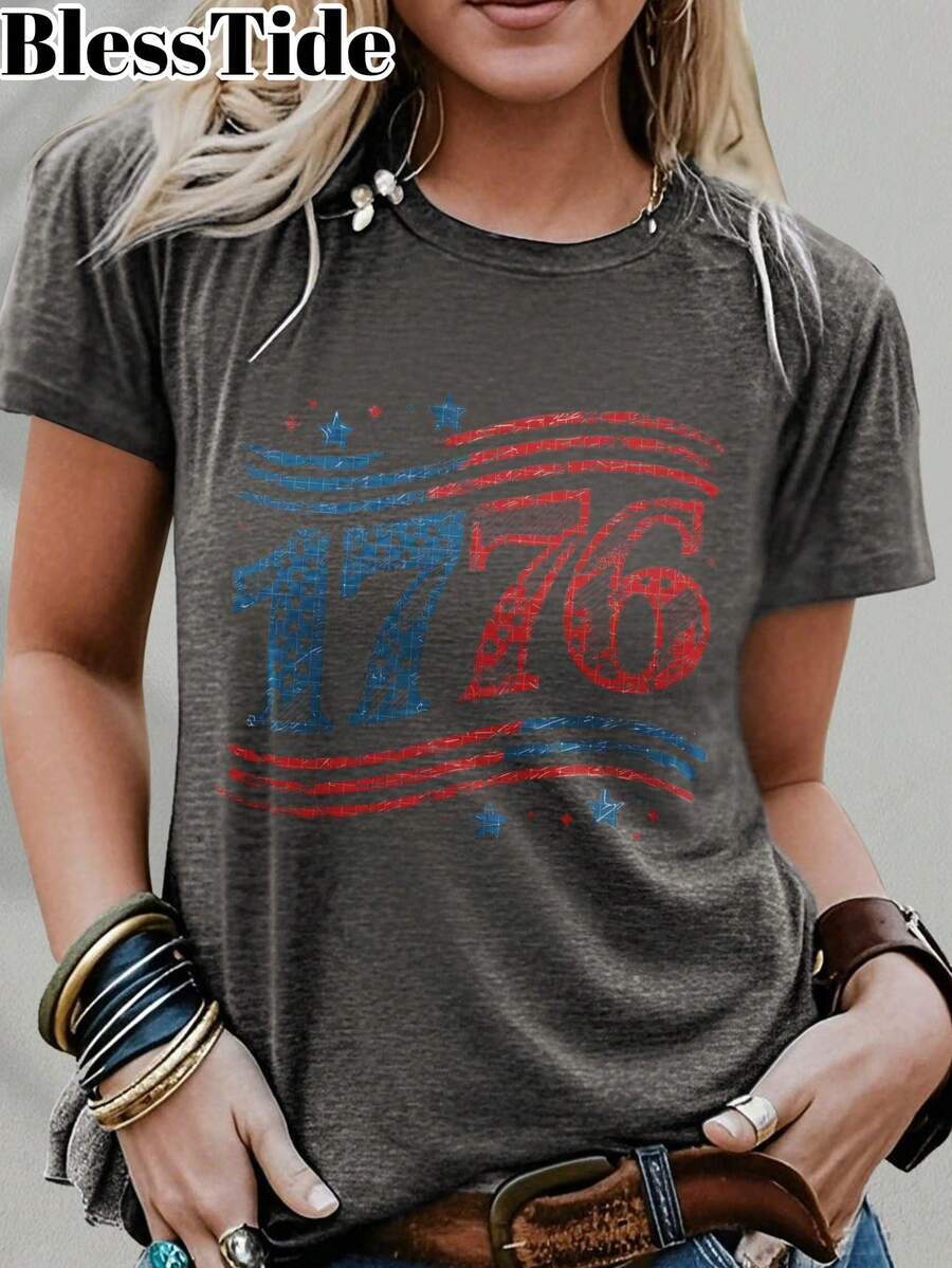 2026 Retro 1776 Star & Stripe Print Unisex Tee - 250th Anniversary Independence Day Patriotic Top, Soft Cotton Blend Vintage Design For Summer Festivals - 灰色 - 查看 1