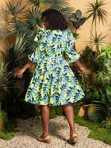 Faeriesty Plus Size Elegant High Collar Dress: Mid-Calf Length Flare Sleeve Dress, All-Over Geometric Print, A-Line Silhouette, Lightweight And Soft Fabric, Ideal For Garden Weddings, Destination Wedding Photoshoots, Outdoor Ceremonies, Romantic Portrait Sessions, Bohemian Fashion Editorials Vacation Spring - Green - View 2
