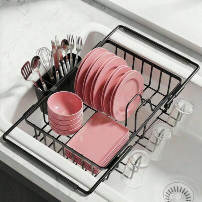 Expandable Dish Drying Rack In Sink - Stainless Steel Over The Sink Dish Drainer With Utensil & Cup Holders, Sink Colander For Washing Fruits - Space Saving Kitchen Essentials, No Assembly Needed, Black (Household Items)
