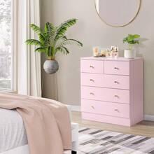 Macaron Pink 5 Drawer Dresser For Bedroom, Modern Wood Dresser Chest Of Drawers, Pink Bedroom Dressers Nightstand For Girls, Anti-Tipping Device, Rose Gold Metal Handle, Living Room, Hallway, Office - 粉色 - 查看 3