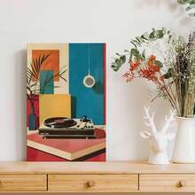 1pc Framed Wall Deocr Canvas Poster Mid Century Modern Vinyl Record Player Wall Art Print Poster - Musical Theme, Retro & Art Deco Style, Canvas Posters Wall Art For Home Decor Office Decor, Living Room Decor, Bedroom Decor- Portrait Canvas Poster For Indoor Decor, Ink Artwork, Spring & Winter Season, Wall Art With Frame - H - 查看 5