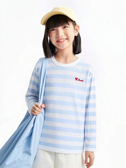 Annil Girls' Cloud-Like Flowing Color-Blocked Striped T-Shirt, Spring/Summer 2026 New Style, Tencel Breathable College Style Long Sleeve