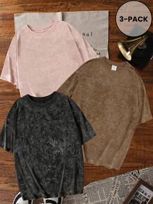 3pcs/Set Summer New Casual Tie-Dye Round Neck Short Sleeve T-Shirt, Fashionable & Versatile Women Tops - Black and Pink and Brown - View 1