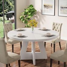 LITTLE TREE Farmhouse Dining Table, 120 Cm Round Dinner Table For 4, Rustic Wood Dining Room Table For Home Dining Room Living Room (Easy Assembly) - White - View 5