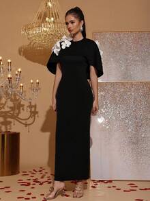 New Elegant 3D Floral Decor Black & White Contrast Long Sleeve Cape Dress, Graceful Formal Gown For Wedding Guest, Bridesmaid, Party, Evening Occasion - Black - View 2