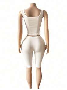 Women's Suit: Fashionable Fall-winter Cool Girl with A Tie At The Chest, A Small Backless Top, and Fitted Solid-color Pants Set - Blanco - Ver 4