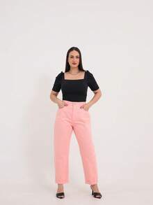 Calça Feminina Sarja Mom Bolso Detalhe Elástico Funcional Barra Dobrada Estilo Clássico Básica Luxo Social Cós Alto Candy Color Confortável Dia a Dia Escritório Noite Festa Rosa Liberdade de Movimento - Rosê - Visão 7