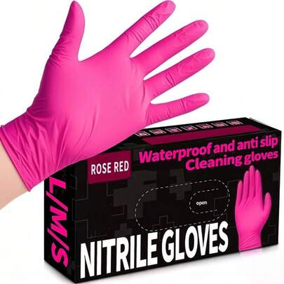 粉色一次性丁腈手套，10只/20只/50只/100只装，适用于家务、洗碗、洗车、浴室清洁、家居清洁、厨房清洁、家用物品清洁、清洁工具、美甲美发、纹身染发等（XS/S/M/L码可选）