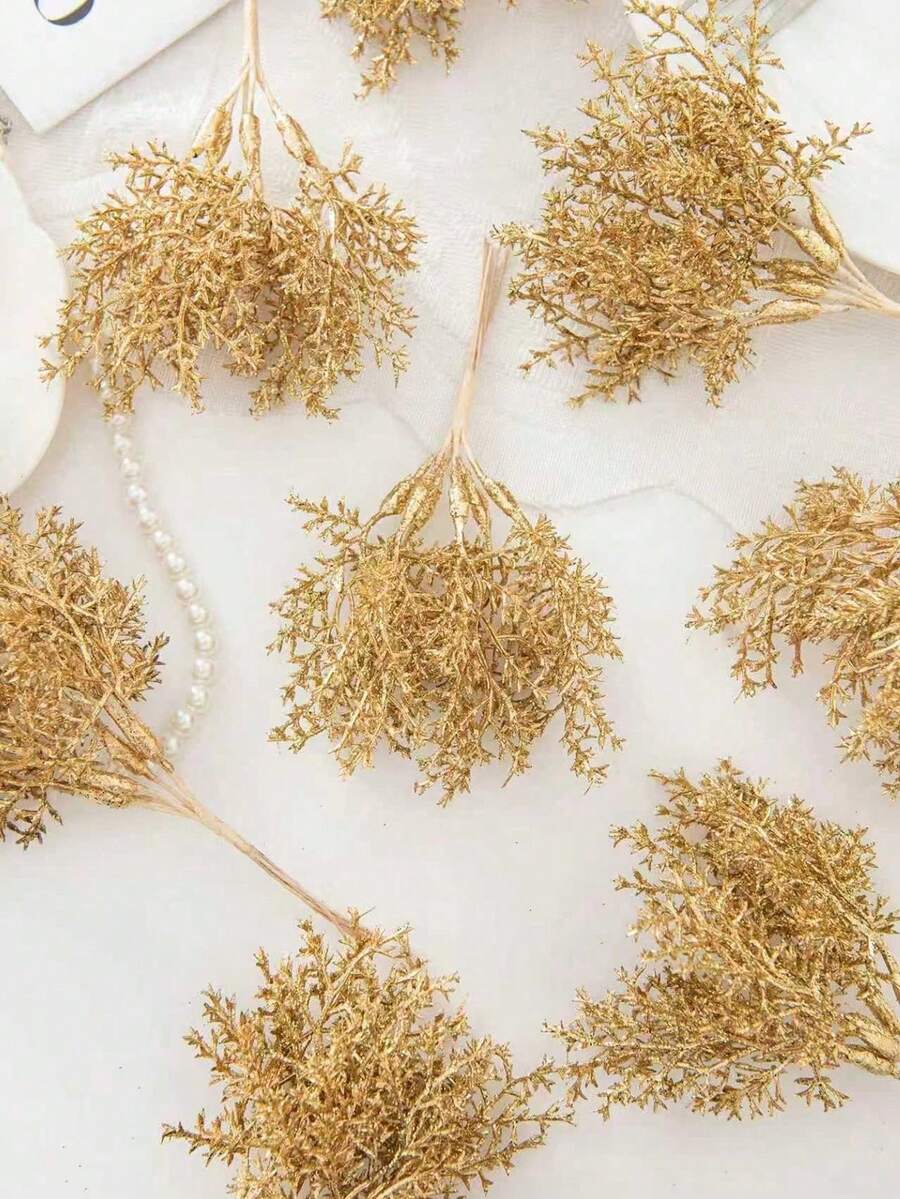 1束(6个)人造玫瑰花苞、叶子和字母,可用于DIY花环、糖果盒装饰、家居婚礼装饰、新娘腕花、胸花、头饰、情人节礼物、新年装饰、生日派对蛋糕装饰 - 金色 - 查看 1