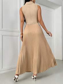 Elegant Commuter Double-Breasted Vest & Pleated Skirt Set - Khaki - View 4