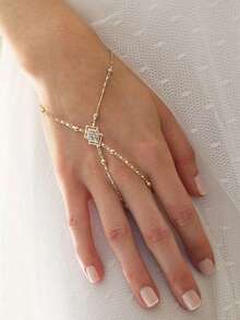 New Eid Al-Fitr Square Finger-Linking Bracelet For Women, European & American Bridal Wedding Minimalist Rhinestone Hand Chain, Fashion Ball Jewelry - Gold - View 1